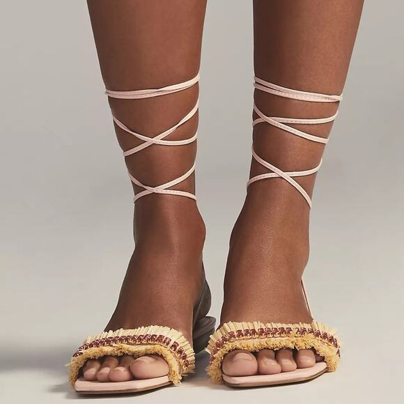 Anthropologie Embellished Tie Up Pink/Rose Raffia Square Toe Sandals New in Box - Picture 6 of 12